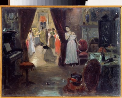 La bendición de un burdel. (La Consagración de un Hermano). En un burdel, las prostitutas se reúnen, algunas lloran o se lamentan, detrás de un sacerdote ortodoxo que reza frente a un icono y velas. En primer plano, un piano y un de Vladimir Egorovic Makovsky