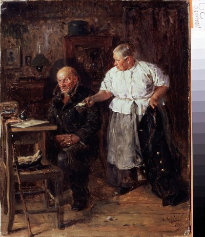 La Reprimenda (La Regaña). Una pareja de ancianos en su interior, la esposa reprocha a su marido, mostrándole la cartera. Pintura de Vladimir Yegorovich Makovsky (Makovsky, Makovskij) (1846-1920), óleo sobre lienzo de Vladimir Egorovic Makovsky