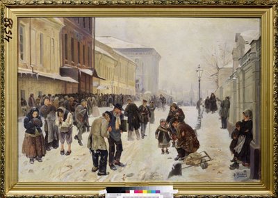 El Asilo Nocturno (Dosshouse). Escena callejera, una multitud de personas necesitadas y sin hogar se reúnen frente al edificio de recepción, sufriendo de frío y pobreza. Pintura de Vladimir Yegorovich Makovsky (Makovsky, Makovskij) (1846-1920), óleo sobre  de Vladimir Egorovic Makovsky