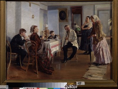 Contratación de una criada (un empleo de criada). Una mujer joven solicita un lugar, sujeta a preguntas de la dueña de casa, bajo la mirada de su esposo e hijos, sentados a la hora del té. La joven también es observada por un empleado. de Vladimir Egorovic Makovsky