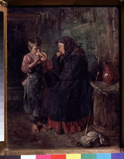 El reencuentro (La reunión). Una madre que ha venido a visitar a su hijo, bastón y mochila tirados en el suelo, todavía con el abrigo y el pañuelo en la cabeza y devora a su hijo con los ojos como si comiera una especie de brioche. el esta descalzo, de Vladimir Egorovic Makovsky