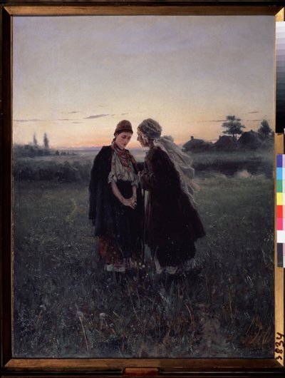 Madre e hija (Madre e Hija). Diálogo y confianza intergeneracional al caer la noche, la joven luce infinitamente triste. Al fondo, un pequeño pueblo rural, las dos mujeres visten vestidos tradicionales. pintura de de Vladimir Egorovic Makovsky