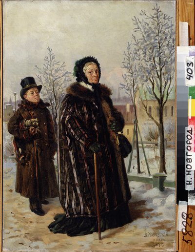 Paseo de una anciana. (Paseo de una anciana). Caminando por el sendero de un parque nevado, la sigue un joven que lleva a su pequeño perro. Pintura de Vladimir Yegorovich Makovsky (Makovsky, Makovskij) (1846-1920), óleo sobre lienzo de Vladimir Egorovic Makovsky