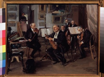 Velada Musical. Los músicos se preparan para dar un concierto, afinan sus instrumentos entre los estuches de instrumentos y las partituras. Pintura de Vladimir Yegorovich Makovsky Makovsky (Makovsky, Makovskij) (1846-1920), aceite s de Vladimir Egorovic Makovsky