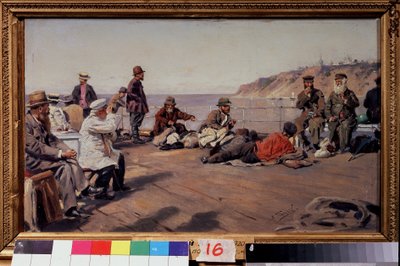 En la cubierta (En la cubierta). Viajeros de todas las clases en un barco que recorre la costa. Pintura de Vladimir Yegorovich Makovsky (Makovsky, Makovskij) (1846-1920), óleo sobre lienzo de Vladimir Egorovic Makovsky