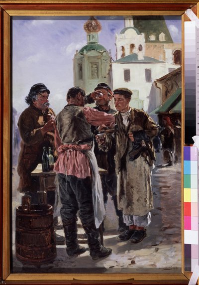 Vendedor de Kvass (Kwass) (vendedor de Kvas). Bebida fermentada y espumosa, ligeramente alcohólica y popular, apodada cerveza de pan, bebida nacional rusa. Pintura de Vladimir Yegorovich Makovsky (Makovsky, Makovskij) (1846-1920), óleo sobre lienzo de Vladimir Egorovic Makovsky