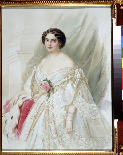 ""Retrato de una dama con capa de piel"" Está vestida con un vestido blanco con cintas, pendientes y pulseras. Acuarela de Vladimir Hau (Gau) (1816-1895) 1860 Colección privada de Vladimir Ivanovich Hau