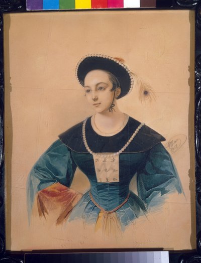 Retrato de la soprano Anna Stepanova (1816-1838) para el papel de Peki en el Caballo de bronce de Daniel Auber (1782-1871). (Retrato de la cantante de ópera A. Stepanova como Peki en El caballo de bronce de D. Auber). Obra de Vladimir Ivanovich Hau (Gau) ( de Vladimir Ivanovich Hau