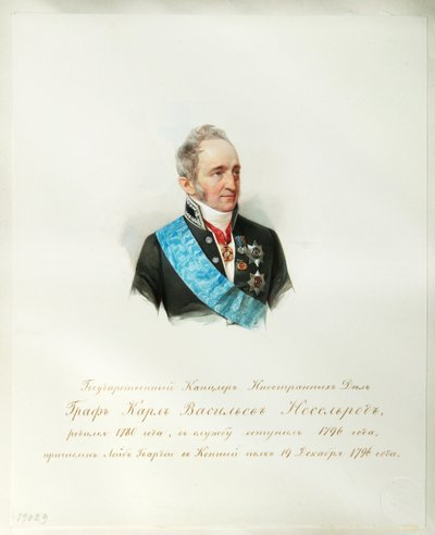 Retrato del Canciller del Imperio Ruso Conde Karl Robert Nesselrode (1780-1862) (Del álbum del Caballo Imperial - Hau (Gau), Vladimir Ivanovich (1816-1895) - 1846-1849 - Acuarela sobre papel - Institut of Russian Literatura IRLI (Pushkin-Ho de Vladimir Ivanovich Hau