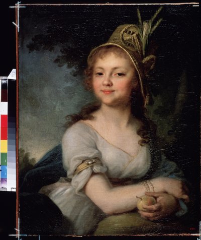 Retrato de Ekaterina Arsenyeva. Ella tiene un sombrero y brazaletes y sostiene una fruta. (Retrato de Ekaterina Arsenyeva). Pintura de Vladimir Lukich Borovikovsky (o Borovikovsky) (1757-1825). Óleo sobre lienzo, hacia 1790, 71,5 x 56,5 cm, arte ruso, clás de Vladimir Lukich Borovikovsky
