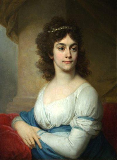 Retrato de una mujer desconocida con vestido blanco y cinta azul, finales de 1790 de Vladimir Lukich Borovikovsky