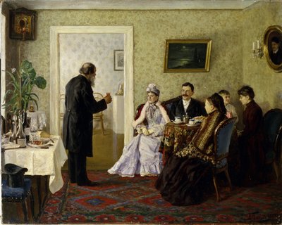 Recién casados visitando al suegro. (Recién casados visitando al suegro). Pintura de Vladimir Nikolayevich Pchelin (1869-1941), óleo sobre lienzo de Vladimir Nikolayevich Pchelin