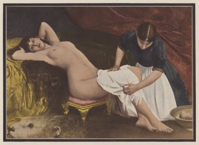 Mujer levantándose de la cama (litografia en color) de Vlaho Bukovac