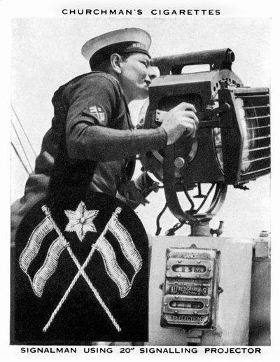 Señalero usando proyector de señales 20, 1937 de WA and AC Churchman