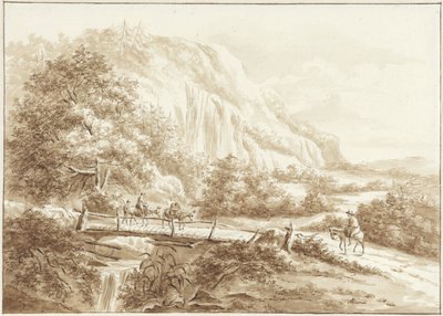 Paisaje de montaña con viajeros en burro, cruzando un puente de madera de W.C.E. Roelofs