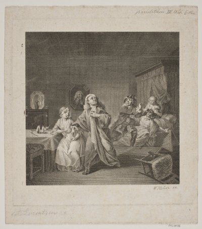 La sala de maternidad, acto III, escena 6. Grabado después de la galería de Holberg de Lorenzen de WIlhelm Heuer