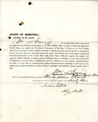 Juramento de lealtad de Wm. L. Ewing de Missouri, Condado de St. Louis de W.L. Ewing