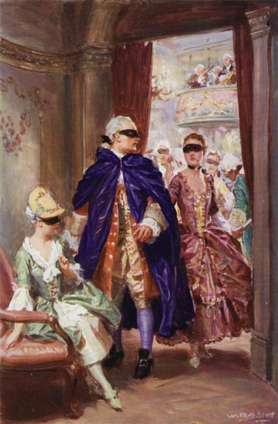 "Una señora en un dominó se acercó a él y le susurró" (litografía en color) de W.R.S. (after) Stott