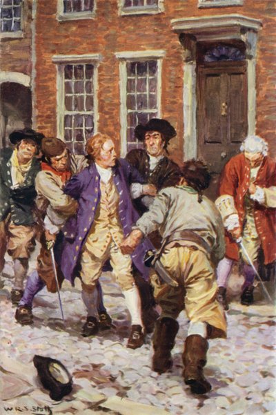 "En este momento, un número de compañeros se apresuró y agarró a Jones" (litografía en color) de W.R.S. (after) Stott