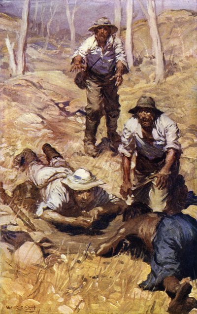 El capitán Grey y su grupo encuentran agua (litografía en color) de W.R.S. (after) Stott