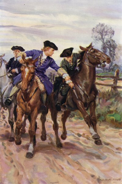 "Jones agarró al instante la mano del tipo" (litografía en color) de W.R.S. (after) Stott