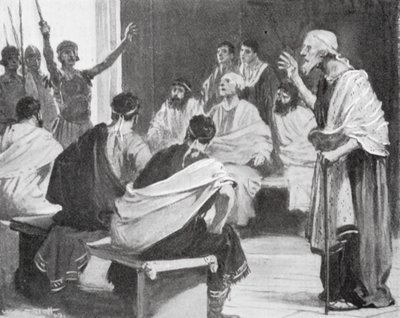 Rómulo comunica a su abuelo que ha vuelto a ser rey de Alba (lito) de W.R.S. (after) Stott