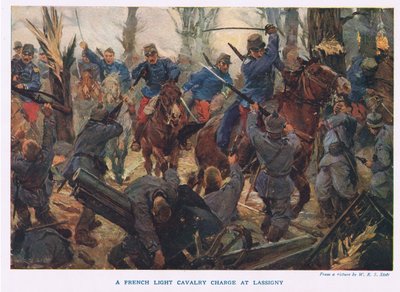 La carga de la caballería ligera francesa en Lassigny (litografía en color) de W.R.S. (after) Stott