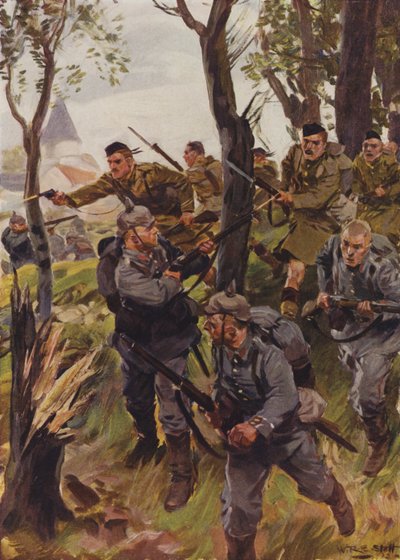 Los Seaforth Highlanders derrotan al enemigo (litografía en color) de W.R.S. (after) Stott