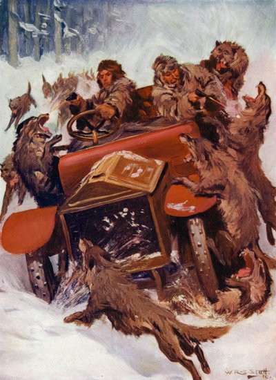 "Las feroces criaturas parecían sobrepasar el coche" (litografía en color) de W.R.S. (after) Stott