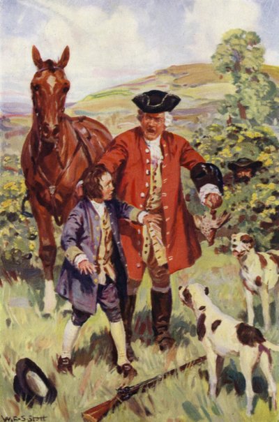 "El caballero, habiendo registrado al muchacho denunció una gran venganza, jurando que informaría al Sr. Allworthy" (litografía en color) de W.R.S. (after) Stott