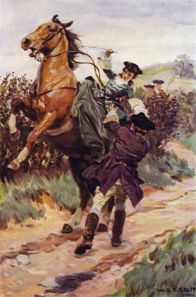 "La bestia revoltosa arrojó su hermosa carga de su espalda, y Jones la atrapó en sus brazos" (litografía en color) de W.R.S. (after) Stott