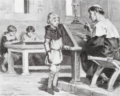 El joven Cuthbert en la escuela (litografía) de W.R.S. (after) Stott