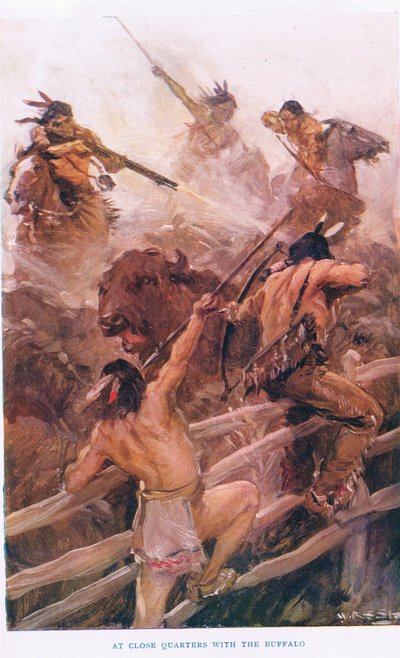 At Close Quarters with the Buffalo, ilustración de "The Romance of Canada" (litografía en color) de W.R.S. Stott