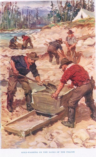 Lavado de oro en las orillas del Frazer, ilustración de "The Romance of Canada" (litografía en color) de W.R.S. Stott