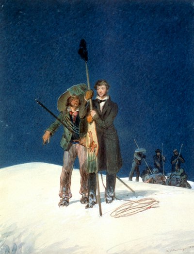 Charles Fellows con William Hawes, planta un bastón en la cima del Mont Blanc, 1827 de WS Hastings