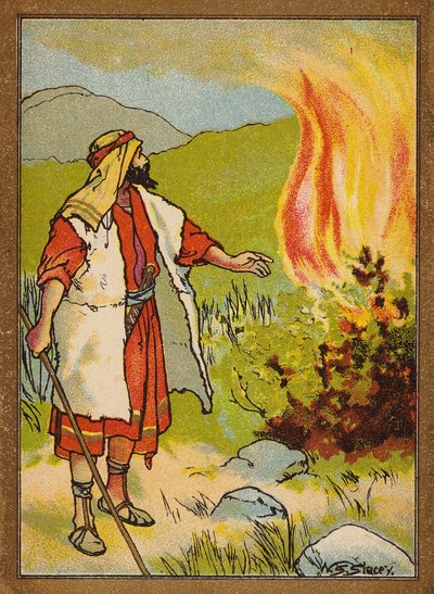 Moisés y la zarza ardiente (litografía en color) de W.S. Stacey