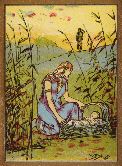 El hallazgo de Moisés (litografía en color) de W.S. Stacey