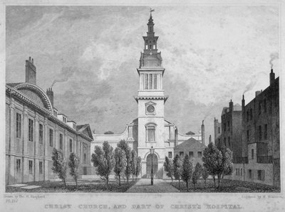Vista oeste de la Iglesia de Cristo, Newgate Street, con parte del Hospital de Cristo, Ciudad de Londres, 1830 de WS Wilkinson