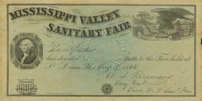 Certificado ilustrado en blanco de contribución para donaciones hechas en la Feria Sanitaria del Valle del Mississippi, 7 de mayo de 1864 de W. A. Rosecrans