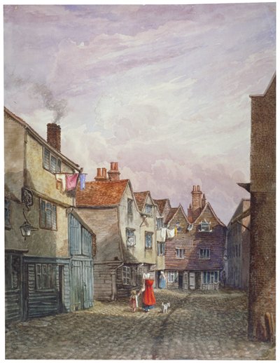 Vista de una mujer y un niño caminando por Crown Court, Bermondsey, Londres, c. 1825 de W Barker