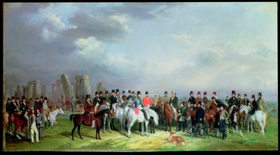 La gran reunión de caza de Wiltshire celebrada en Amesbury, 16, 17, 18, 19 y 20 de marzo de 1847, con Stonehenge al fondo, 1847 de W. Barraud