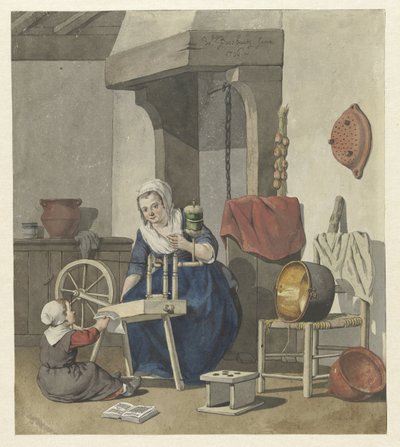 Interior con una mujer girando con un niño de W. Barthautz