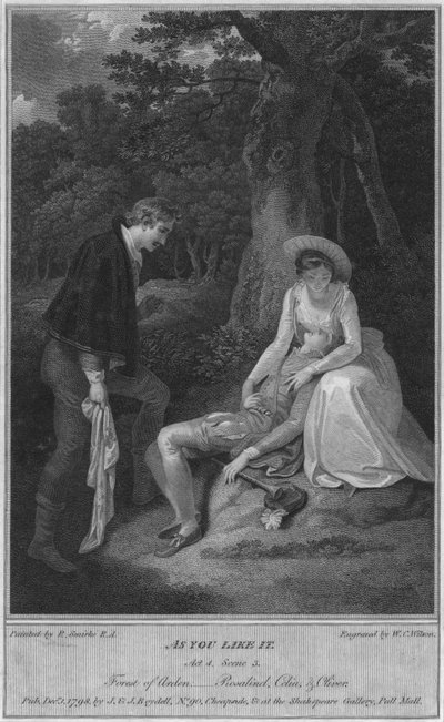 Como gustéis. Acto 4. Escena 3. Bosque de Arden, - Rosalind, Celia y Oliver, 1798 de W. C. Wilson