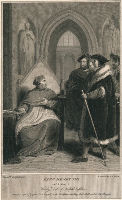 Rey Enrique VIII. Acto 3. Escena 2. Wolsey, Duque de Norfolk, Suffolk & c, 1796 de W. C. Wilson