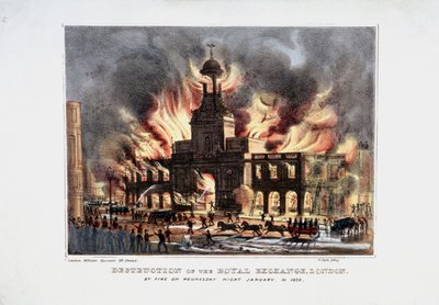 Destrucción de la Bolsa Real, segundo incendio, Londres, 1838 de W Clerk