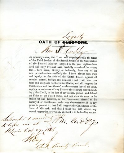 Juramento de lealtad de Wm. Cuddy de Missouri, Condado de St. Louis de W. Cuddy