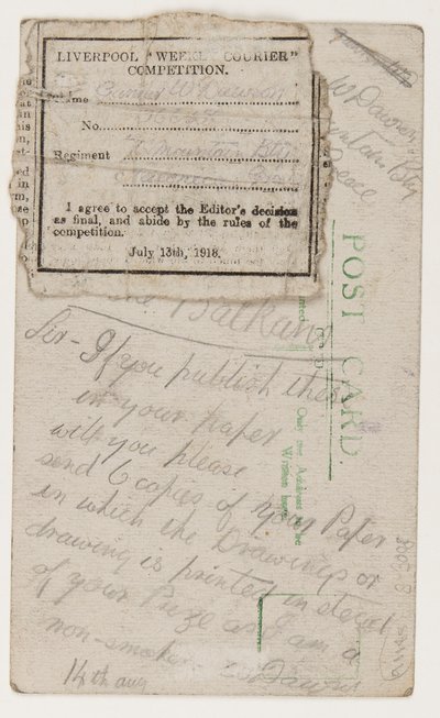 Postal al editor del Liverpool Weekly Courier, 14 de agosto de 1918 de W. Dawson