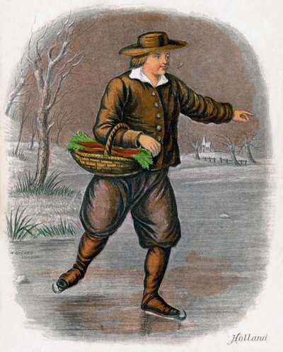 Hombre holandés patinando con una cesta de vegetales, 1809 de W. Dickes