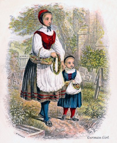 Dos chicas alemanas con cestas de flores de W. Dickes