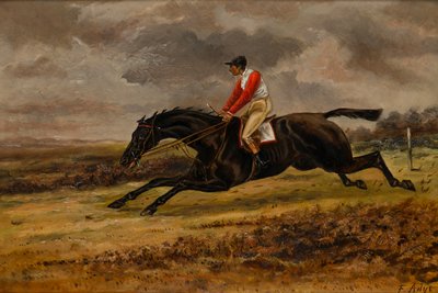 Un caballo al galope con el jinete arriba, con los colores de las carreras de Bradford, c.1839-98 (óleo sobre lienzo) de W. F. Adye